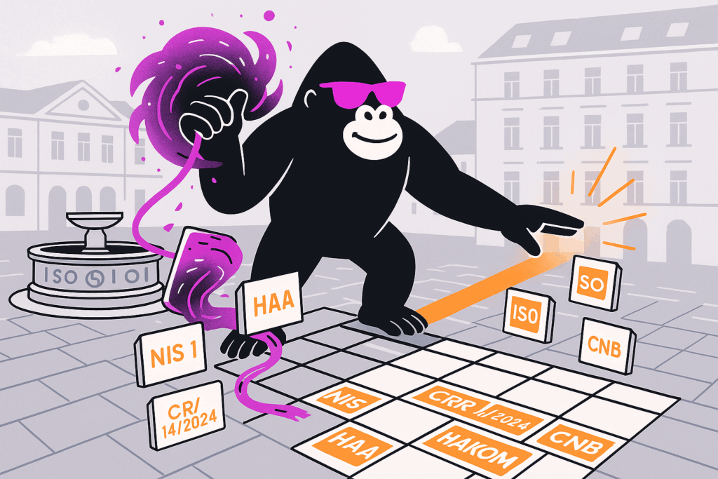 Gorilla in pink shades in Zagreb square directs orange beam onto ISO grid; purple vortex lifts tiles NIS1, HAA, CR / 14 / 2024 beside fountain.