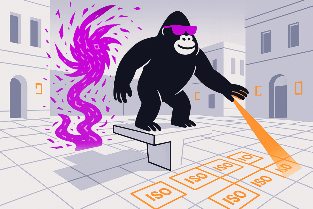 Black ape in pink sunglasses shines an orange beam at ISO blocks on a tiled plaza, with purple smoke swirling up behind.