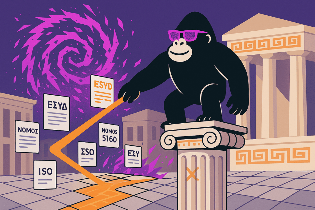 Black ape in pink sunglasses stands atop a classical Greek column, directing an orange beam at floating ISO and law documents (ΝΟΜΟΣ 5160, ESYD, ΣΣΟ), with a purple vortex swirling behind.