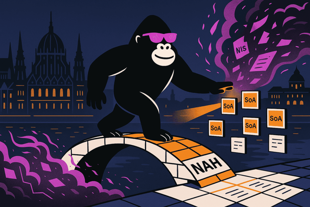 Black ape with pink sunglasses stands on an NAH-tiled arch over a river, shining an orange beam at floating “SoA” tiles and NIS documents, with purple smoke swirling behind.