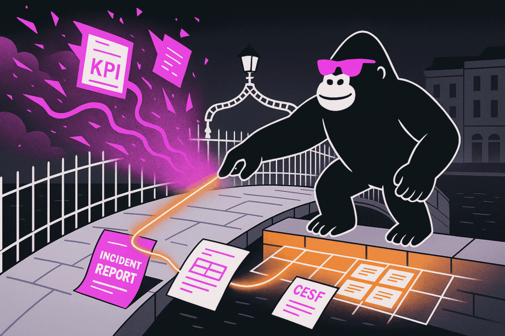 Gorilla in magenta shades on Ha’penny Bridge zaps grid with laser; KPI, incident report and CESF papers swirl in purple cloud over Dublin river.