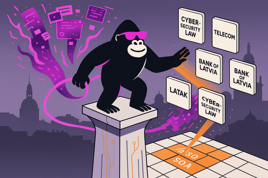 Gorilla in pink shades atop column lasers ISO/SOA grid; purple docs swirl, blocks read Cyber-Security Law, Telecom, LATAK, Bank of Latvia.