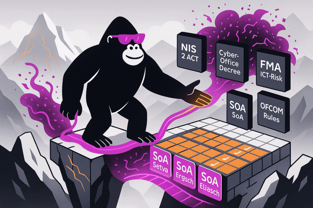 Gorilla in pink shades on alpine cliff guides checklist grid via purple hose; black blocks labeled NIS2 ACT, Cyber Office Decree, FMA, SOA, OFCOM.