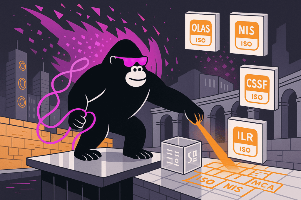 Cartoon gorilla in magenta shades fires orange beam onto ISO, NIS, MCA grid; ISO blocks marked OLAS, NIS, CSSF, ILR float against Luxembourg skyline.