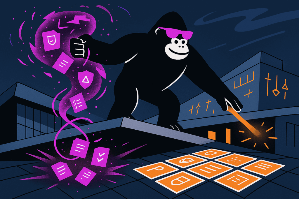 Gorilla in pink sunglasses on Oslo rooftop zaps orange security tile grid while purple vortex hurls shield and document icons into night sky.