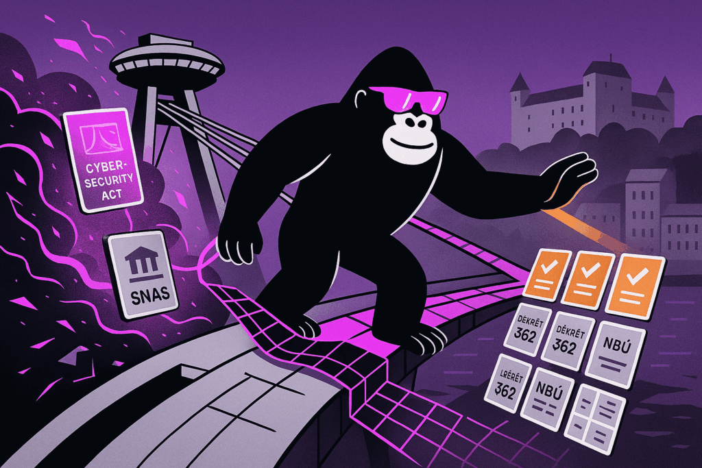 Gorilla in pink shades strides Bratislava UFO Bridge, scans checklists: Decree 362, NBU; Cyber-Security Act and SNAS signs swirl in magenta cloud.