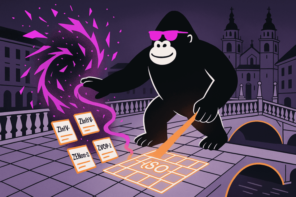 Gorilla in pink shades on Ljubljana bridge sweeps ISO grid with laser; swirling magenta shards toss docs labeled ZInfV-, ZENom-2, ZVOP-2.