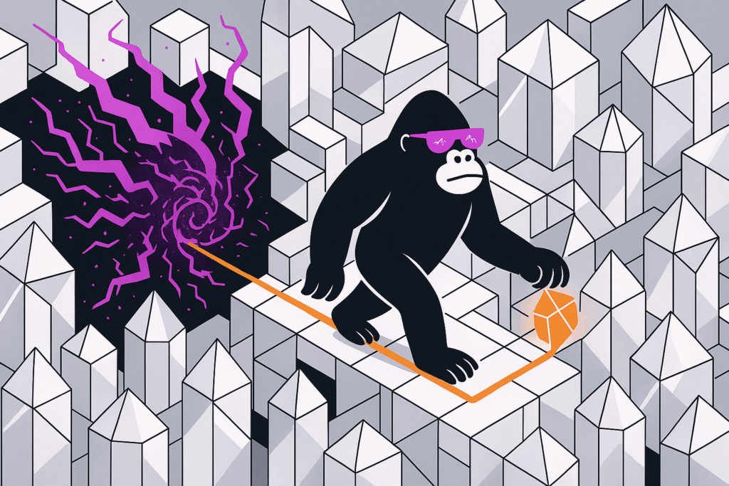 Black ape in pink sunglasses walks across white geometric blocks, holding an orange polyhedron tethered by a line to a purple swirling vortex in a blocky cityscape.