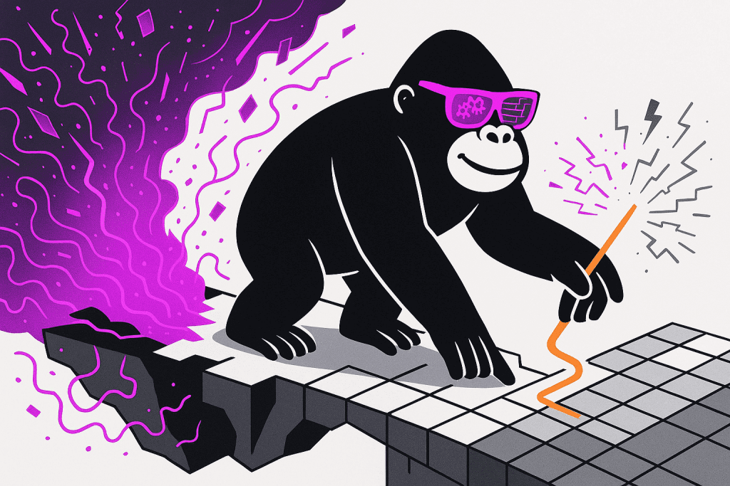 Stylized gorilla in sunglasses holding an orange orb that scans a cracked tiled floor, surrounded by purple energy shards.