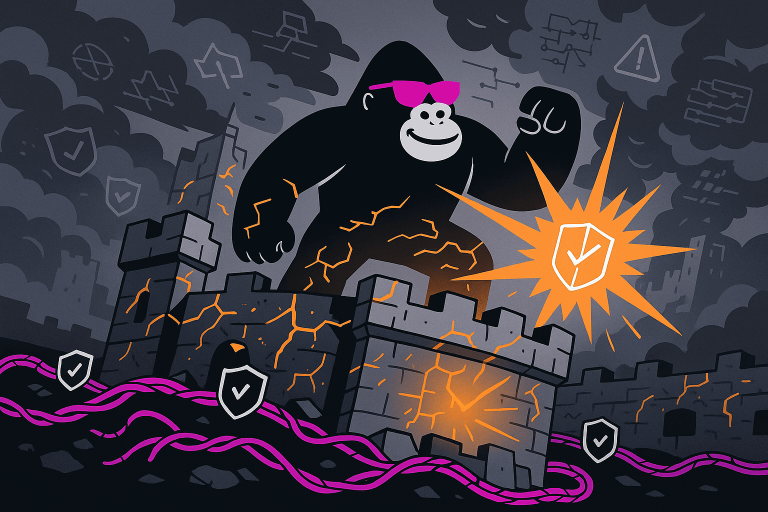 Stylized gorilla guardian atop a cracked fortress, surrounded by shield icons and glowing cables