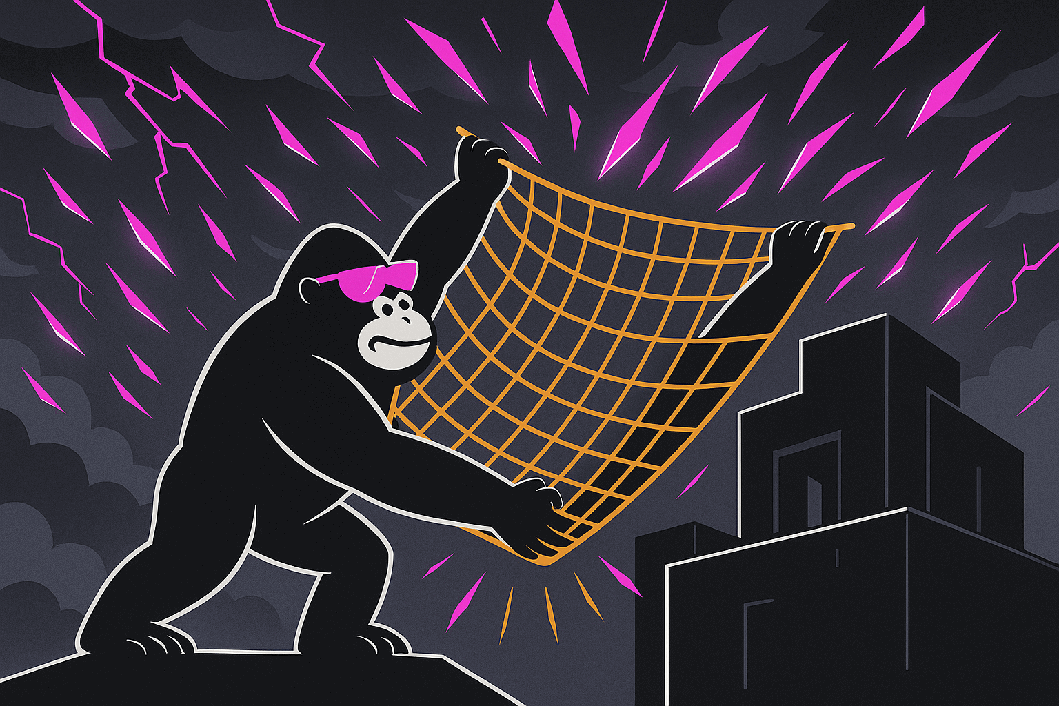 Gorilla in pink sunglasses holding an orange safety net to catch glowing pink shards raining down from stormy clouds above a dark building