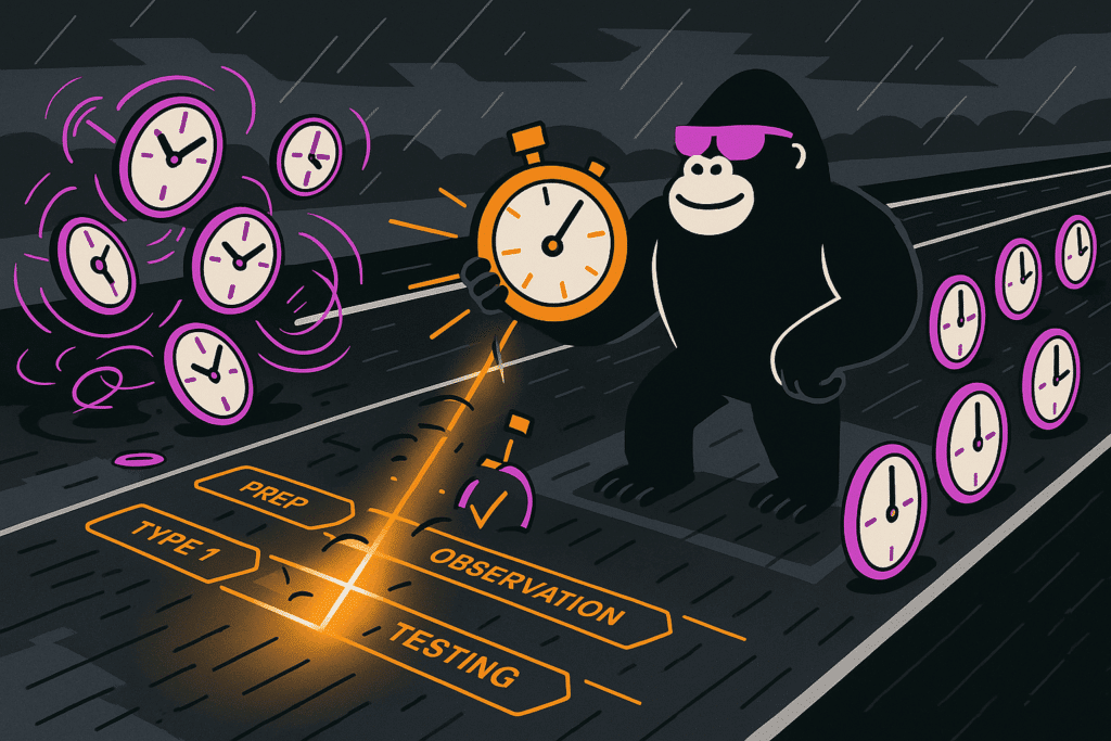 Gorilla on rainy track holds stopwatch, stepping through SOC 2 audit phases: Prep, Type 1, Observation, Testing—surrounded by ticking clocks.