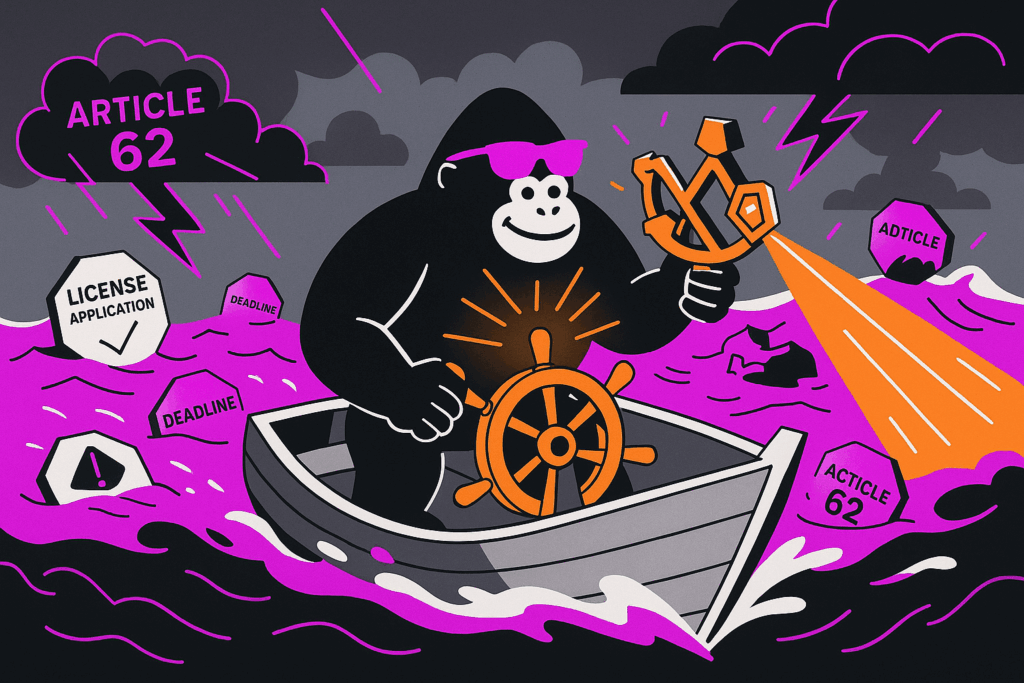 Gorilla in pink sunglasses steers a rowboat with a sextant through purple stormy seas marked by “Article 62,” “Deadline,” and “License Application” buoys, shining an orange beam ahead.