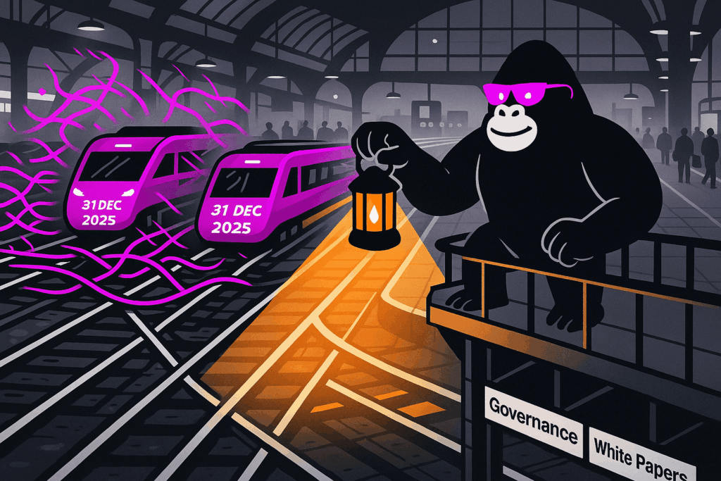 Gorilla in pink sunglasses on a station balcony holds a lantern, lighting an orange path through a dark train depot toward two purple trains marked “31 Dec 2025.”