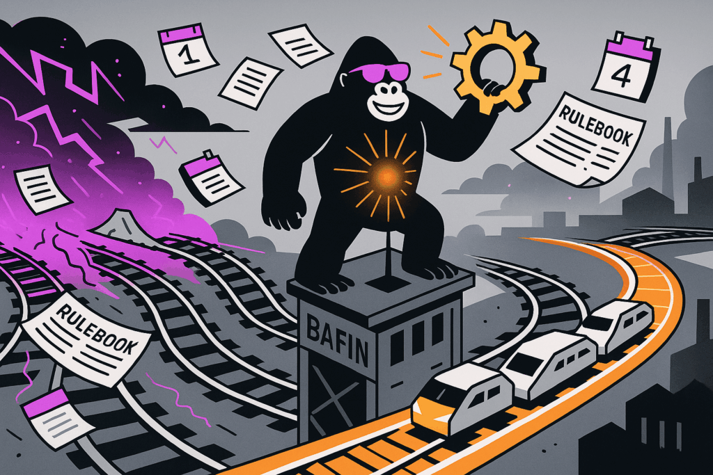 Gorilla in pink sunglasses atop a BAFIN watchtower holds a glowing gear, guiding an orange “EU Passporting” train along lit rails amid stormy purple rulebook chaos.
