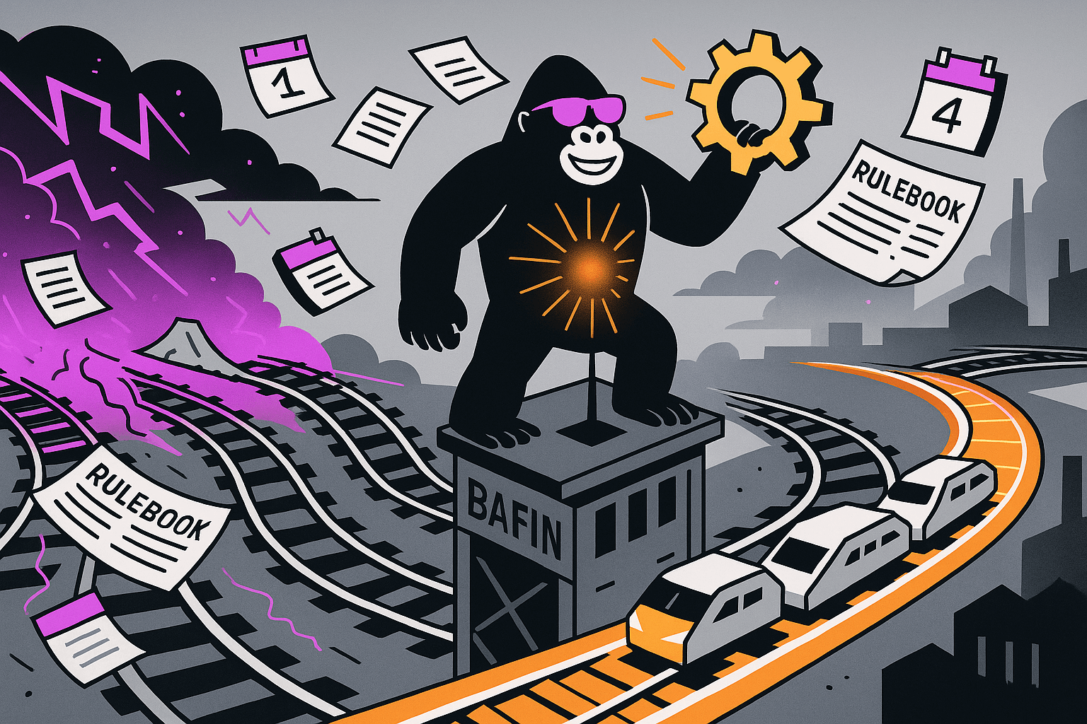Gorilla in pink sunglasses atop a BAFIN watchtower holds a glowing gear, guiding an orange “EU Passporting” train along lit rails amid stormy purple rulebook chaos.