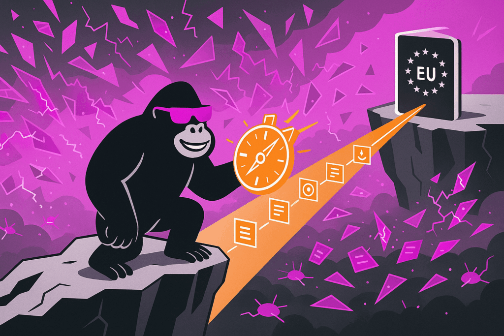 Gorilla in pink sunglasses holds a compass, illuminating an orange pathway through a purple storm toward a large EU passport book atop a distant cliff.