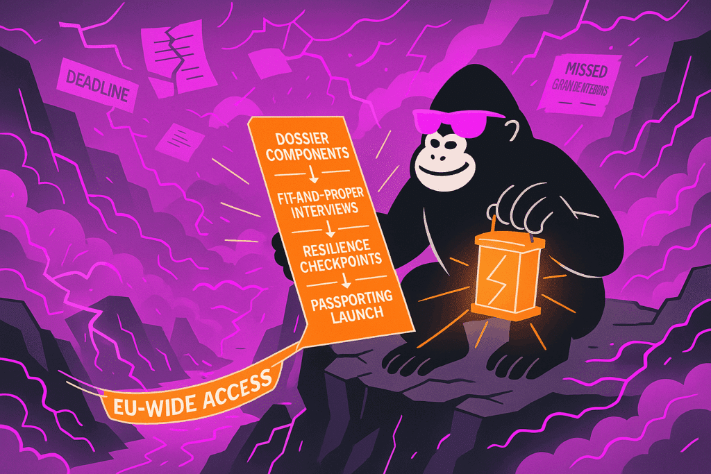 Gorilla in pink sunglasses holds a lantern and dossier flowchart on a cliff, stretching an orange “EU-wide access” ribbon through swirling purple stormy seas.