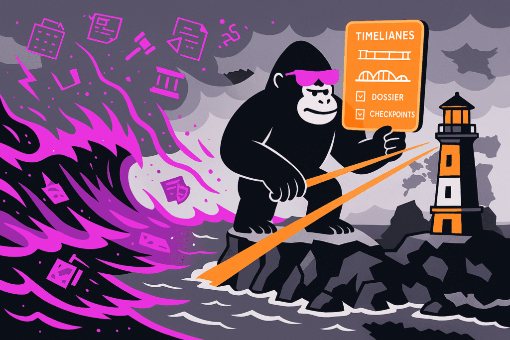 Gorilla in pink sunglasses on a cliff extends an orange path to a lighthouse amid a purple storm, holding a “TIMELINES” sign listing dossier and checkpoints.