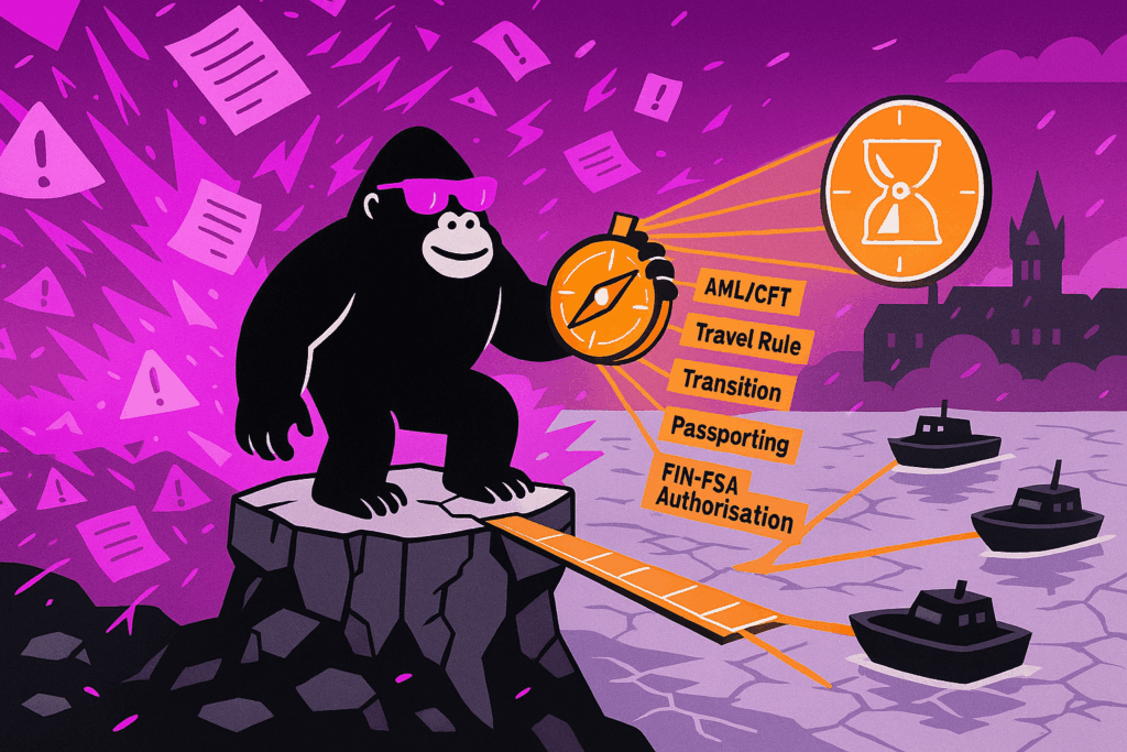 Gorilla in pink shades stands on a cliff holding an orange compass, pointing an orange path labeled AML/CFT, Travel Rule, Transition, Passporting, FIN-FSA Auth.