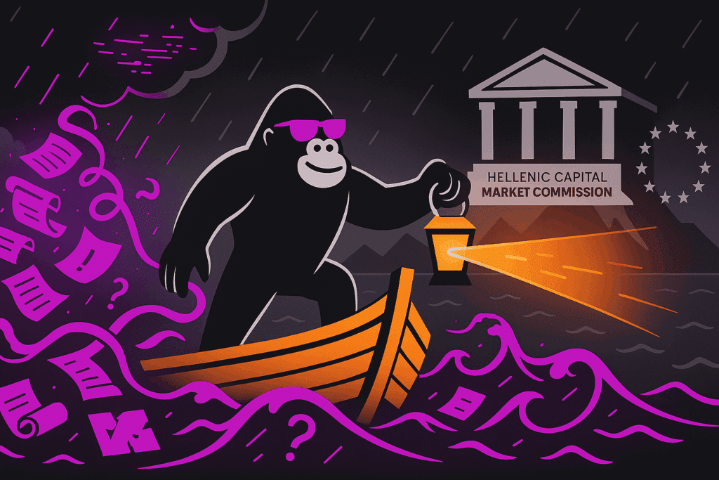 Gorilla in pink sunglasses steers a small boat through purple stormy seas, holding a lantern toward the Hellenic Capital Market Commission on distant shore.