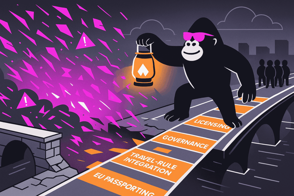 Gorilla in pink sunglasses holds a lantern, crossing an orange path over dark waters past panels labeled “EU Passporting,” “Travel-Rule Integration,” “Governance,” and “Licensing” amid purple storm.