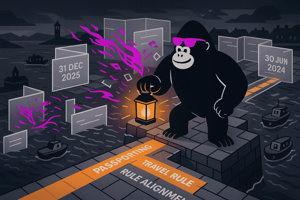 Gorilla in pink sunglasses walks a lit “Passporting / Travel Rule Alignment” pier over dark water, holding a lantern past 30 Jun 2024 and 31 Dec 2025 signs.