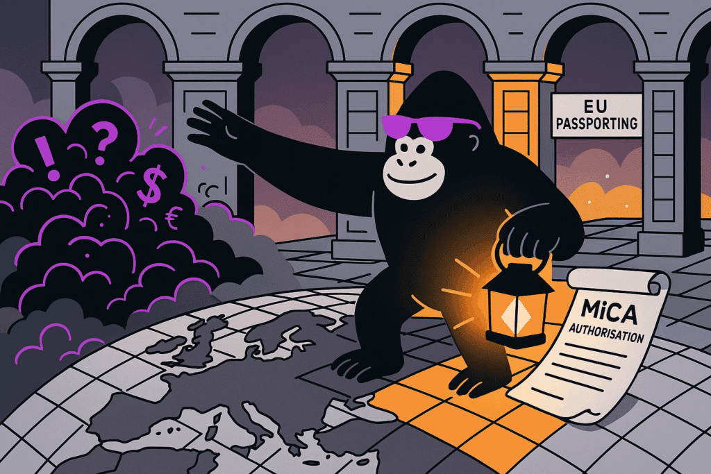 Cartoon gorilla in pink sunglasses holds a lantern and MiCA authorisation scroll, lighting an orange EU Passporting arch amid a swirling currency storm.