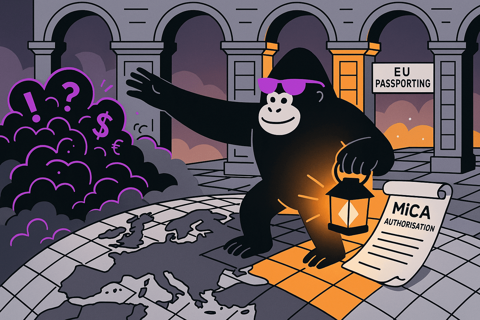 Cartoon gorilla in pink sunglasses holds a lantern and MiCA authorisation scroll, lighting an orange EU Passporting arch amid a swirling currency storm.