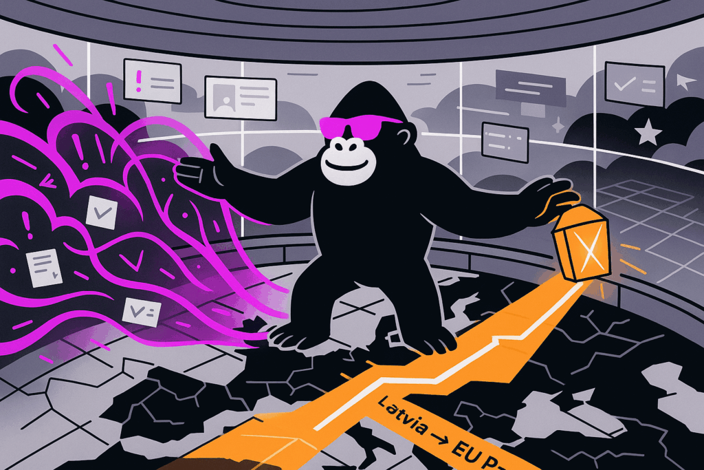 Gorilla in pink sunglasses stands in a round control room, shining an orange lantern-guided path across a cracked map toward “Latvia → EU passporting” out of purple storm.