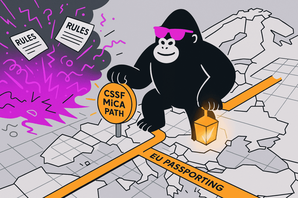 Cartoon gorilla in pink shades walks an orange “EU Passporting” path on a cracked map, holding a lantern and touching a “CSSF MiCA PATH” sign as purple rules swirl.