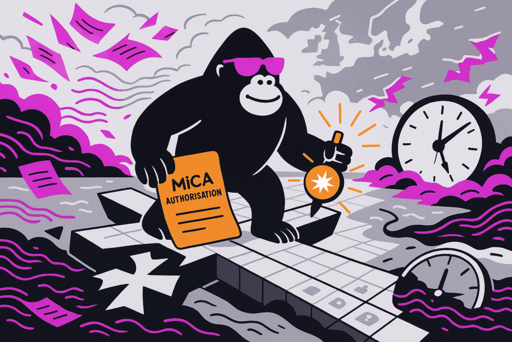 Gorilla in pink sunglasses holds a MiCA authorisation and glowing compass baton on a fractured pier as papers swirl and a storm-tossed clock looms ahead.