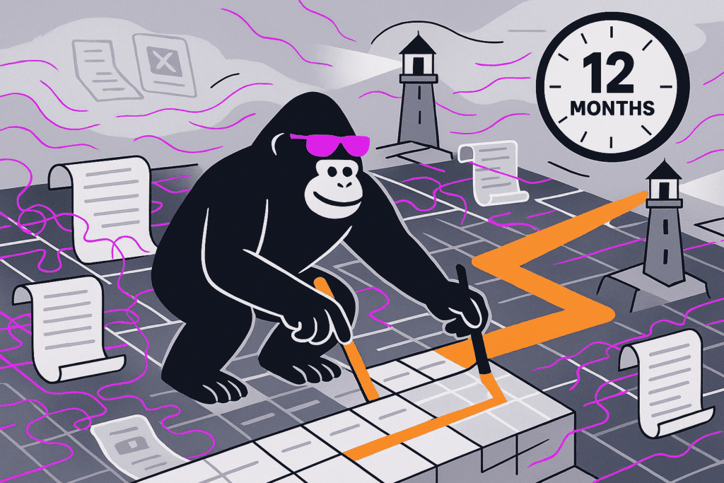 Gorilla in sunglasses plots an orange route on a grid floor with scattered scrolls and lighthouses beneath a 12-month clock.