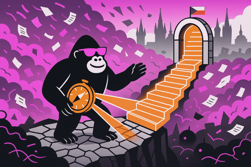 Gorilla in pink shades holds a compass, illuminating an orange stairway path into a Czech-flag-topped arch through a swirling purple storm of papers.