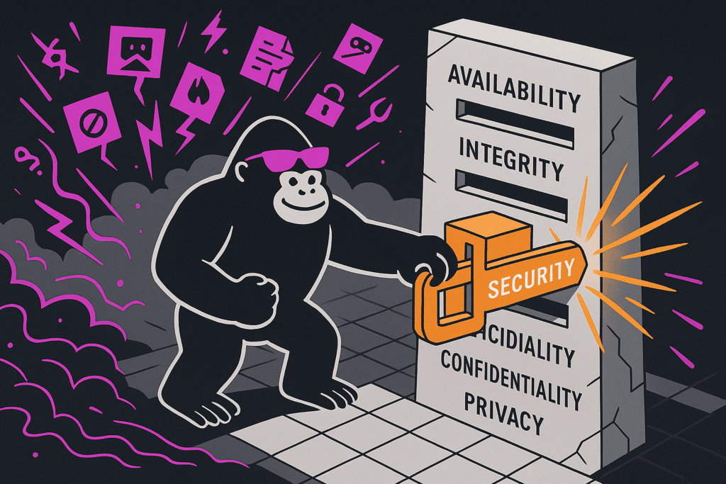 Gorilla locks five SOC 2 trust criteria—Availability, Integrity, Confidentiality, Privacy—with a glowing "Security" key amid a storm of cyber threats.