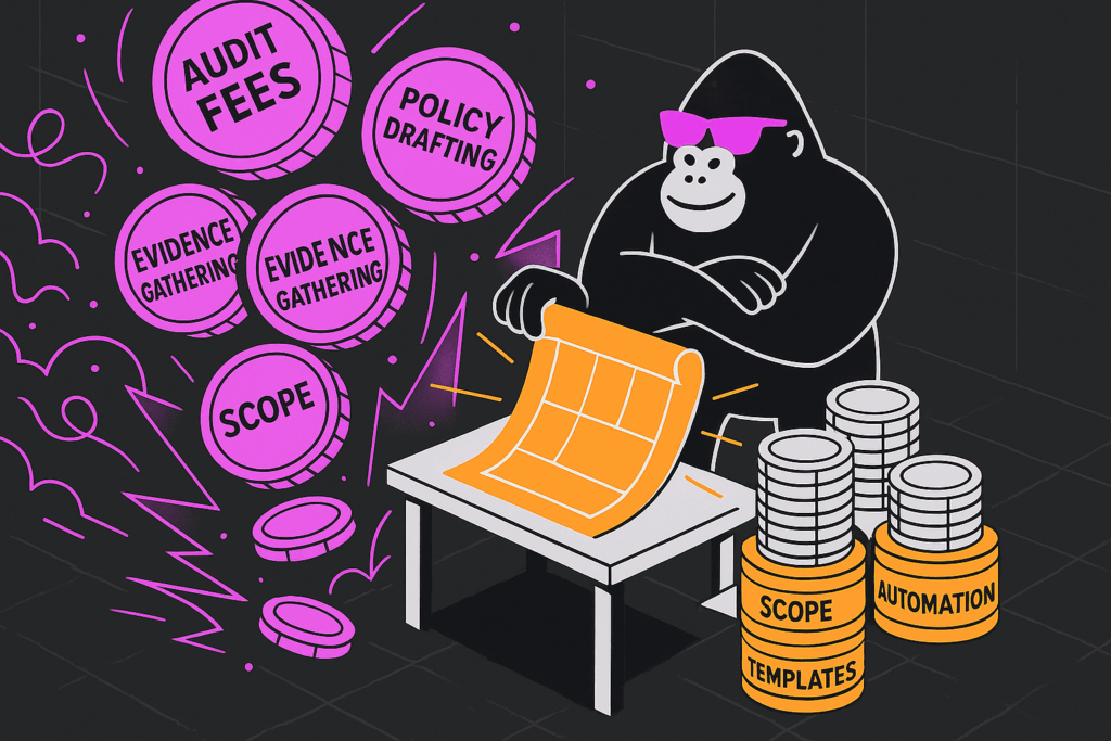 Gorilla plans at table while coins labeled Audit Fees, Policy Drafting, Scope fly in—others stacked neatly as Scope, Templates, and Automation.