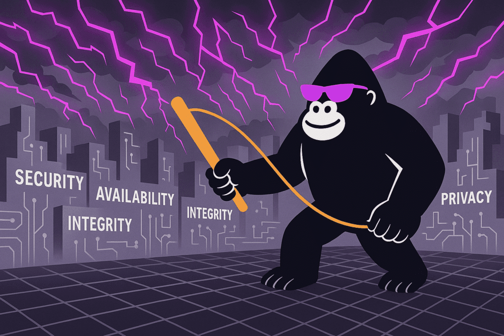 Gorilla holds baton under lightning-filled sky, standing before cityscape labeled with SOC 2 principles: Security, Availability, Integrity, Privacy.