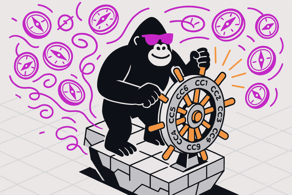 Gorilla steers a control wheel labeled CC1–CC9, surrounded by spinning compasses—symbolizing direction and SOC 2 security controls.