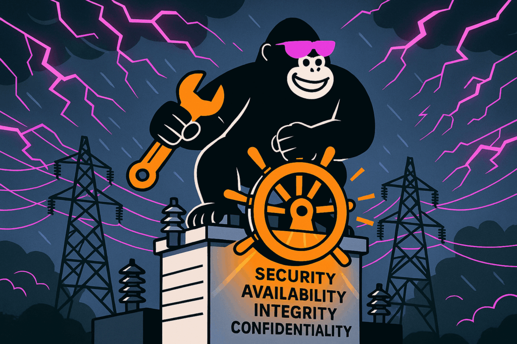 Gorilla with wrench steers wheel atop a power station in storm, highlighting SOC 2 trust principles: Security, Availability, Integrity, Confidentiality.