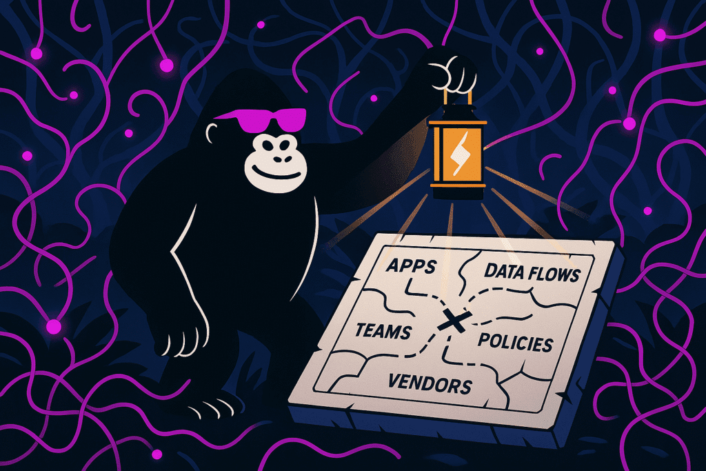 Gorilla with lantern examines map showing SOC 2 scope areas: Apps, Data Flows, Teams, Policies, Vendors—amid glowing forest vines.