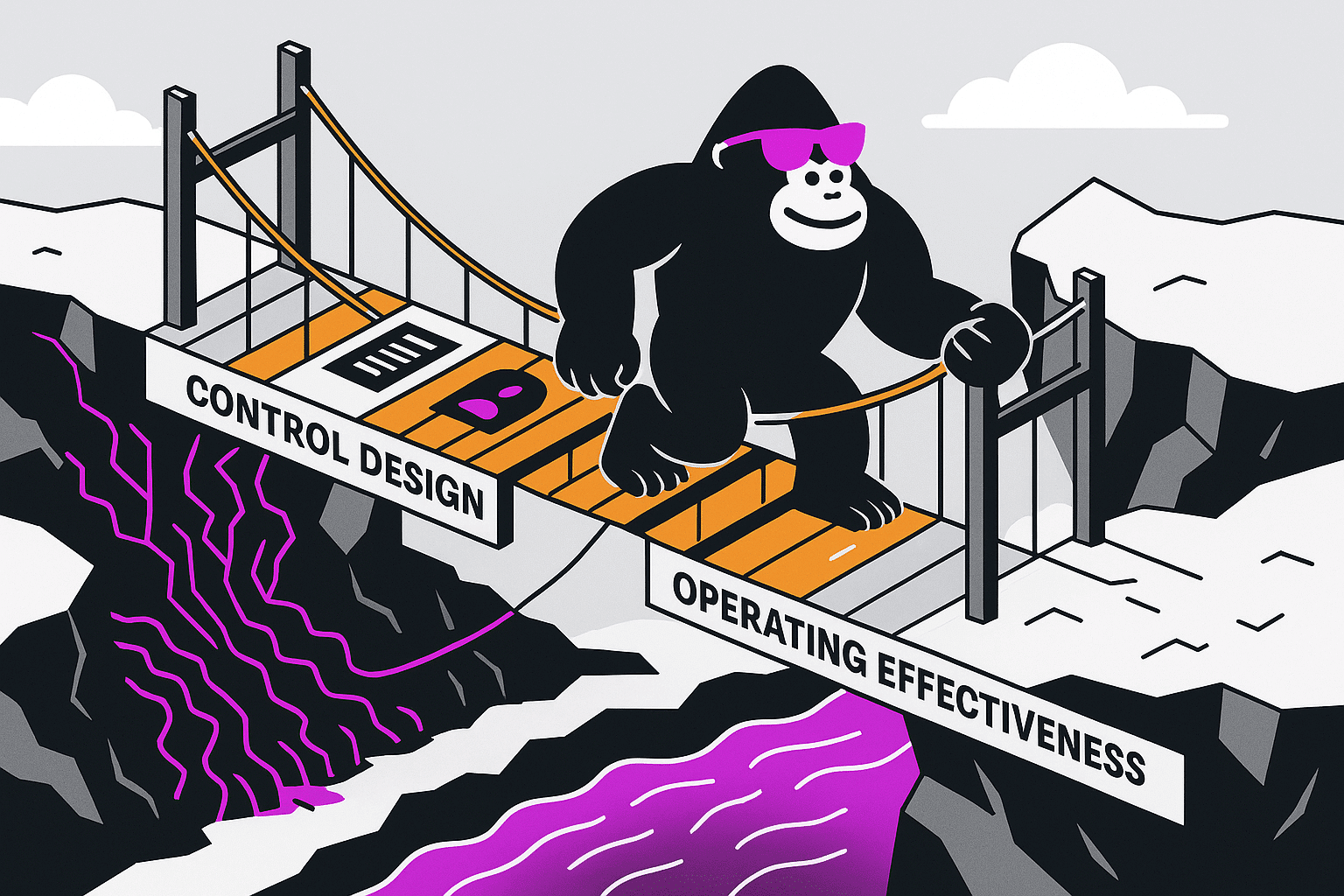 Gorilla crosses bridge labeled Control Design to Operating Effectiveness—symbolizing SOC 2 Type 2 audit’s focus on long-term control performance.