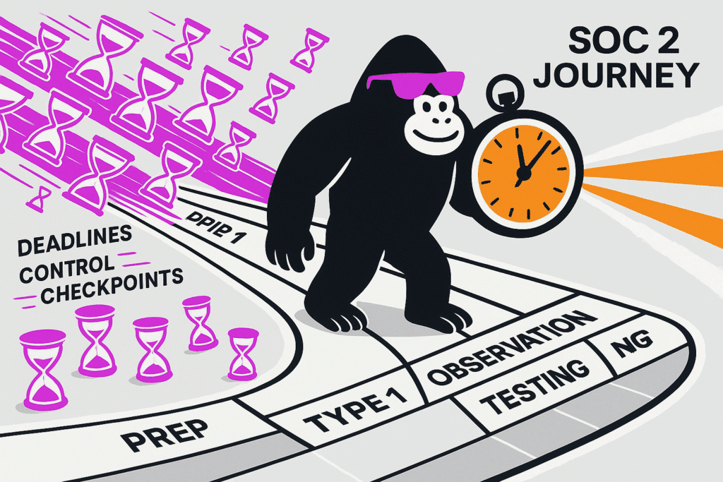 Gorilla holds stopwatch while walking SOC 2 journey track through prep, Type 1, observation, testing—surrounded by hourglasses and deadlines.